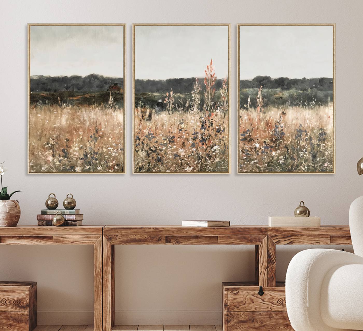 16595-MGV-FC-60X30-3P_Natural-Rustic Field Landscape Wall Art Print, Giclee Canvas Wall Art for Modern Homes, Warm Meadow and Wildflower Art Print