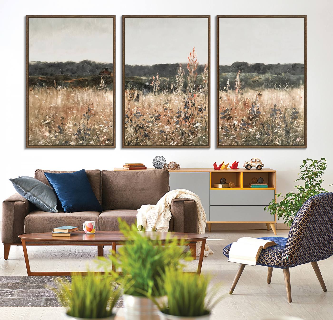 16595-MGV-FC-60X30-3P_Walnut-Rustic Field Landscape Wall Art Print, Giclee Canvas Wall Art for Modern Homes, Warm Meadow and Wildflower Art Print