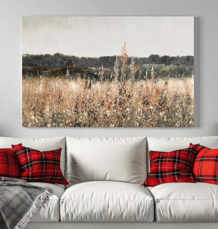 A Rustic Field Landscape Wall Art Print in giclee canvas adds a touch of nature-inspired charm with its warm meadow and wildflower motifs.