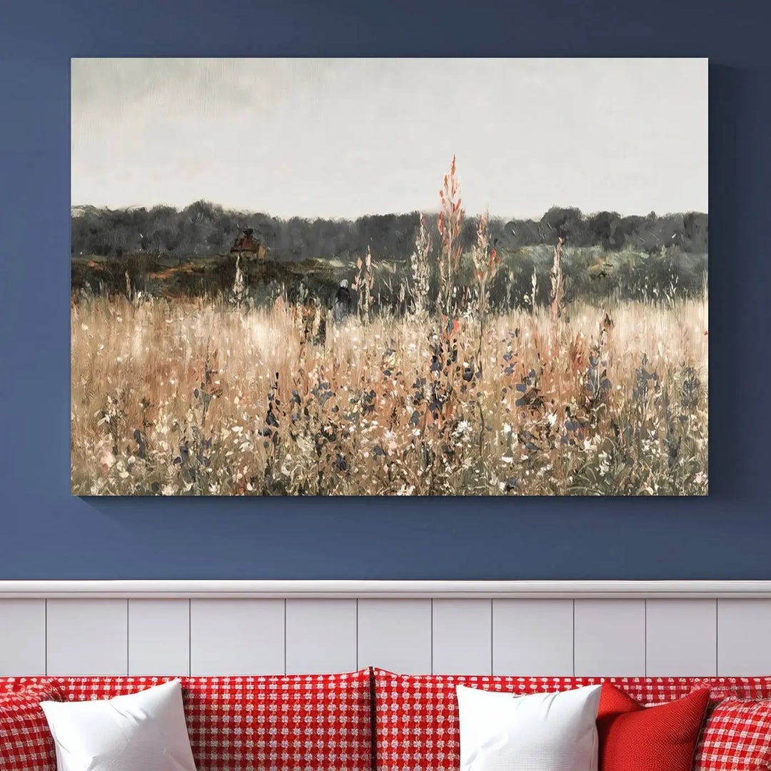 A Rustic Field Landscape Wall Art Print in giclee canvas adds a touch of nature-inspired charm with its warm meadow and wildflower motifs.