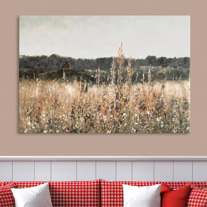 A Rustic Field Landscape Wall Art Print in giclee canvas adds a touch of nature-inspired charm with its warm meadow and wildflower motifs.