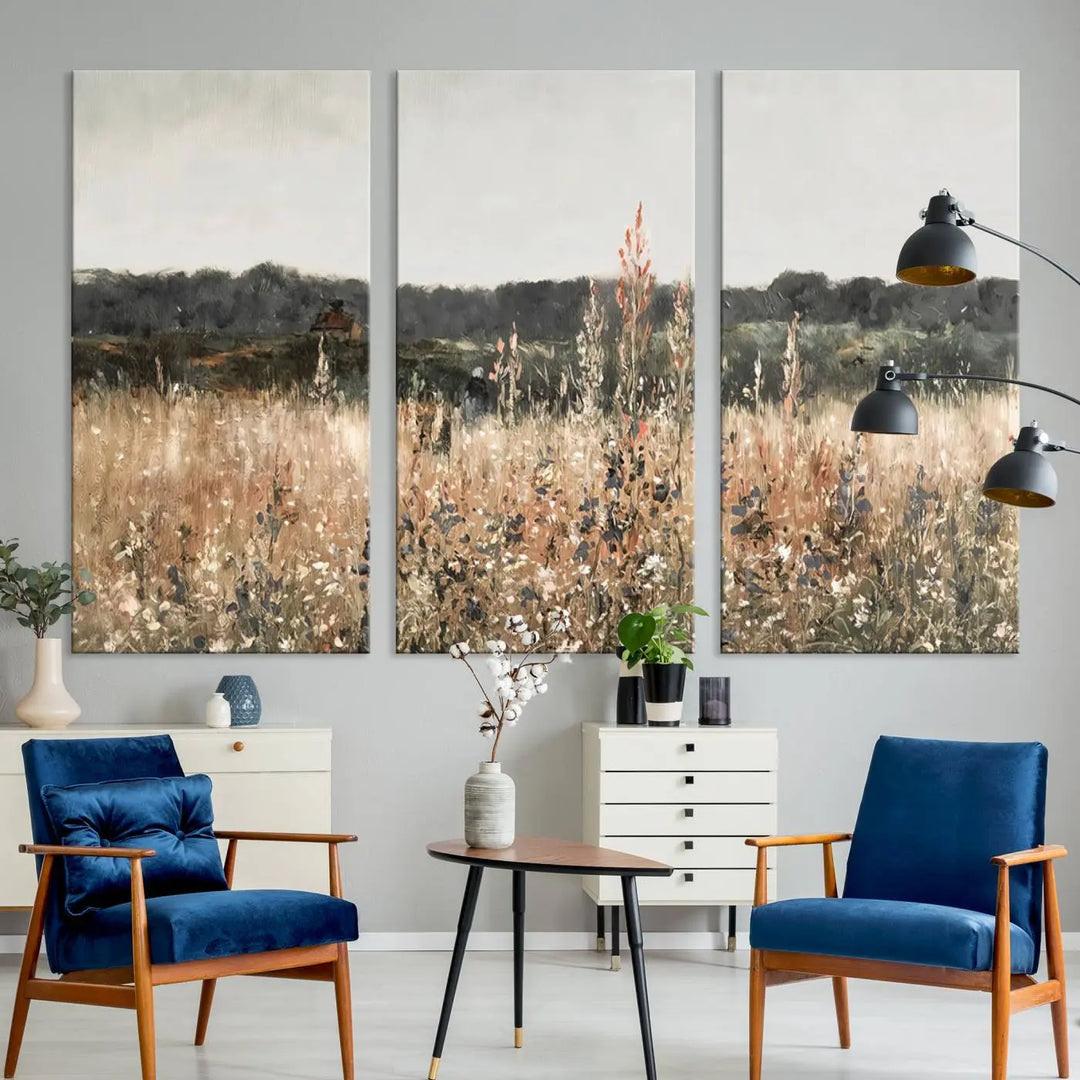 A Rustic Field Landscape Wall Art Print in giclee canvas adds a touch of nature-inspired charm with its warm meadow and wildflower motifs.