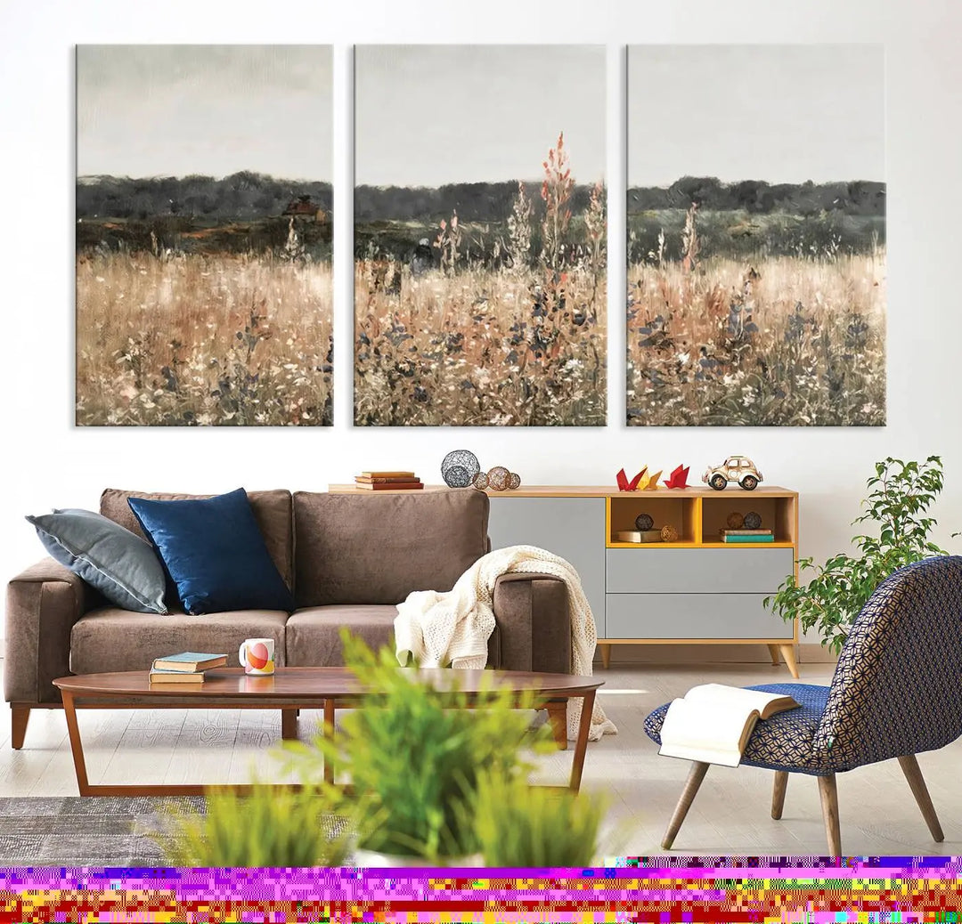 A Rustic Field Landscape Wall Art Print in giclee canvas adds a touch of nature-inspired charm with its warm meadow and wildflower motifs.