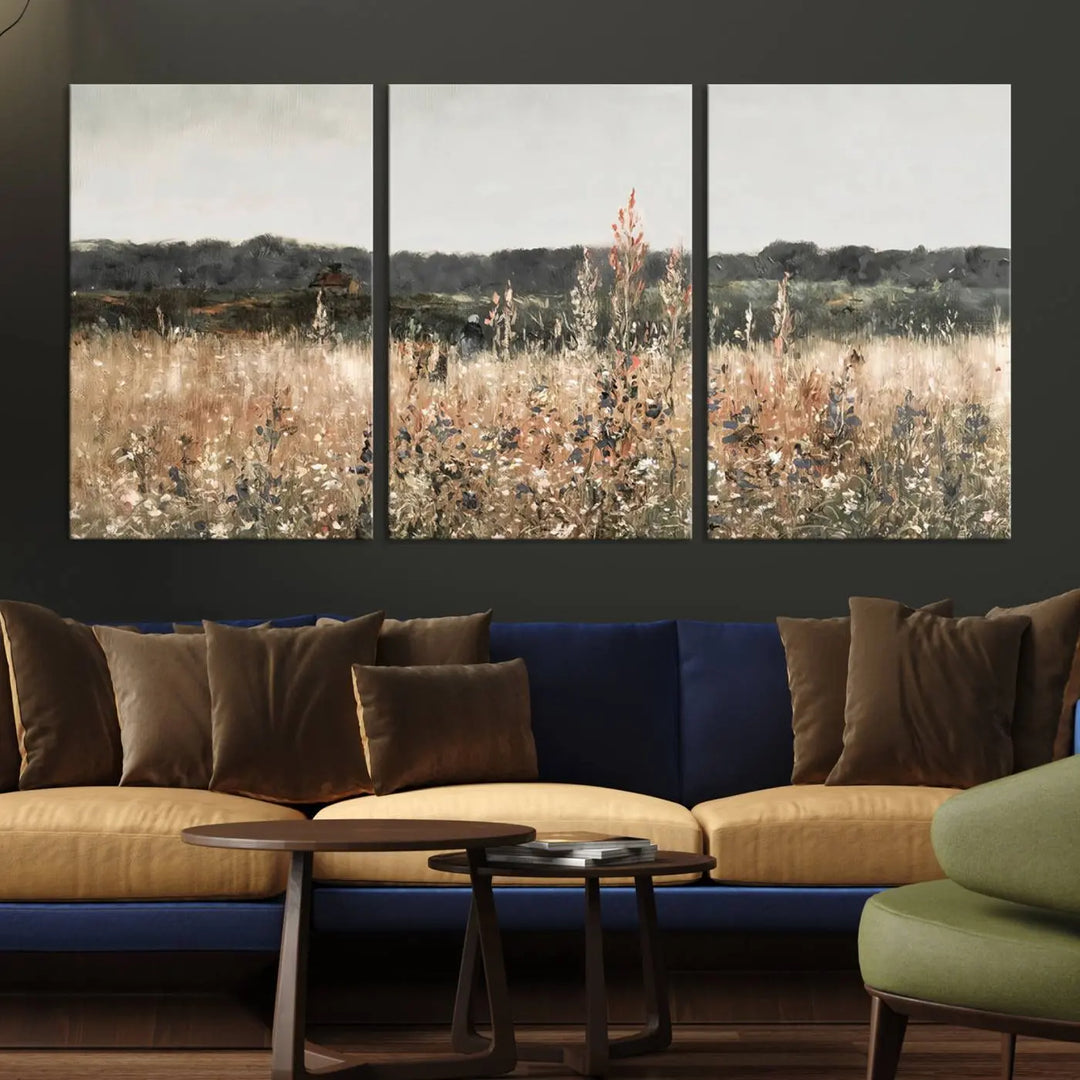 A Rustic Field Landscape Wall Art Print in giclee canvas adds a touch of nature-inspired charm with its warm meadow and wildflower motifs.