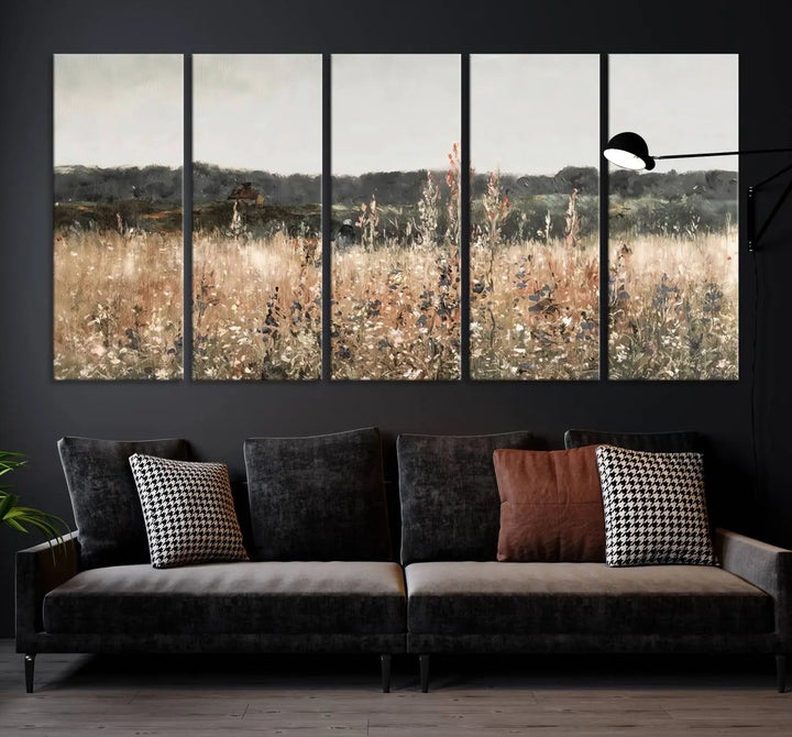 A Rustic Field Landscape Wall Art Print in giclee canvas adds a touch of nature-inspired charm with its warm meadow and wildflower motifs.