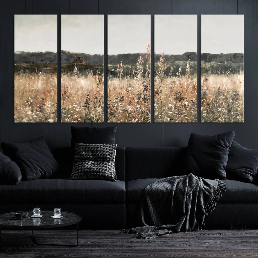 A Rustic Field Landscape Wall Art Print in giclee canvas adds a touch of nature-inspired charm with its warm meadow and wildflower motifs.