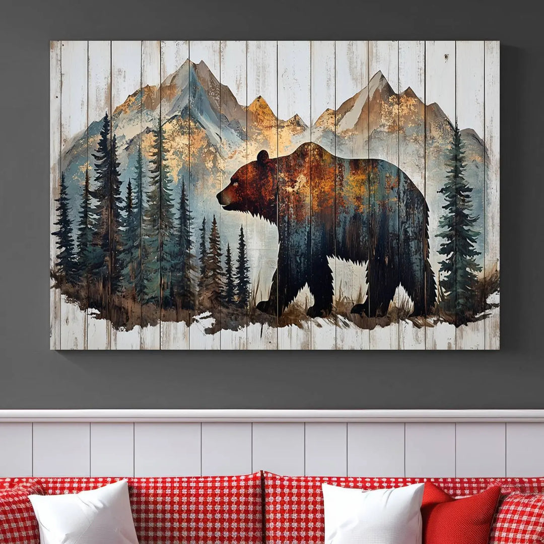 The Rustic Grizzly 399 Bear and Mountain Wood Canvas Wall Art elegantly depicts a majestic bear in a pine forest with mountain silhouettes, expertly framed on distressed wooden panels. This nature-inspired piece infuses charm and warmth, serving as perfect cabin wall decor.