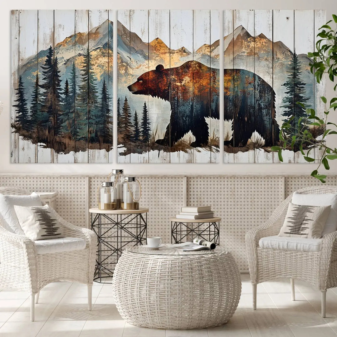 The Rustic Grizzly 399 Bear and Mountain Wood Canvas Wall Art elegantly depicts a majestic bear in a pine forest with mountain silhouettes, expertly framed on distressed wooden panels. This nature-inspired piece infuses charm and warmth, serving as perfect cabin wall decor.