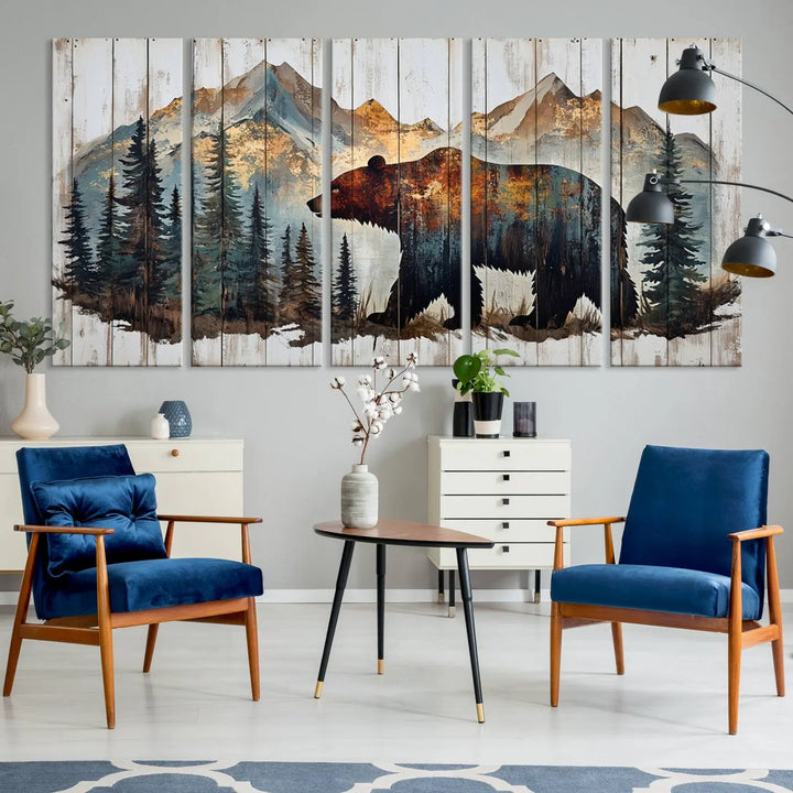 The Rustic Grizzly 399 Bear and Mountain Wood Canvas Wall Art elegantly depicts a majestic bear in a pine forest with mountain silhouettes, expertly framed on distressed wooden panels. This nature-inspired piece infuses charm and warmth, serving as perfect cabin wall decor.