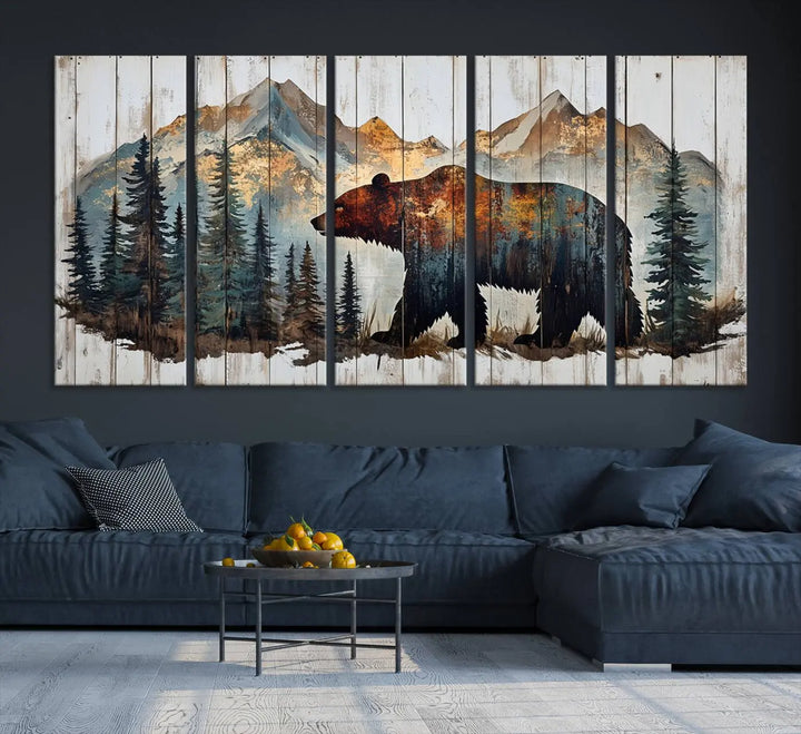 The Rustic Grizzly 399 Bear and Mountain Wood Canvas Wall Art elegantly depicts a majestic bear in a pine forest with mountain silhouettes, expertly framed on distressed wooden panels. This nature-inspired piece infuses charm and warmth, serving as perfect cabin wall decor.