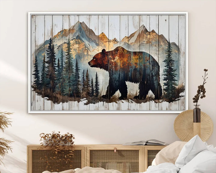 The Rustic Grizzly 399 Bear and Mountain Wood Canvas Wall Art elegantly depicts a majestic bear in a pine forest with mountain silhouettes, expertly framed on distressed wooden panels. This nature-inspired piece infuses charm and warmth, serving as perfect cabin wall decor.