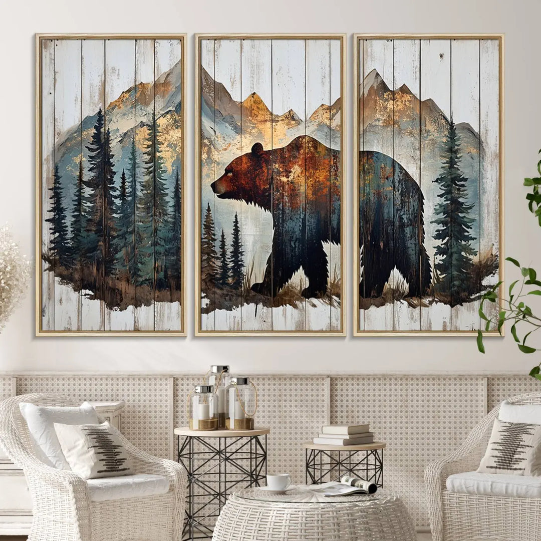 The Rustic Grizzly 399 Bear and Mountain Wood Canvas Wall Art elegantly depicts a majestic bear in a pine forest with mountain silhouettes, expertly framed on distressed wooden panels. This nature-inspired piece infuses charm and warmth, serving as perfect cabin wall decor.