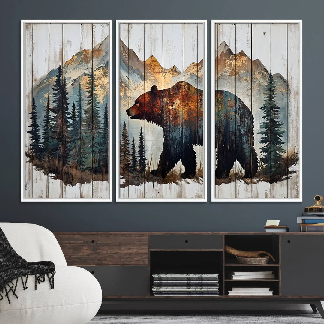 The Rustic Grizzly 399 Bear and Mountain Wood Canvas Wall Art elegantly depicts a majestic bear in a pine forest with mountain silhouettes, expertly framed on distressed wooden panels. This nature-inspired piece infuses charm and warmth, serving as perfect cabin wall decor.