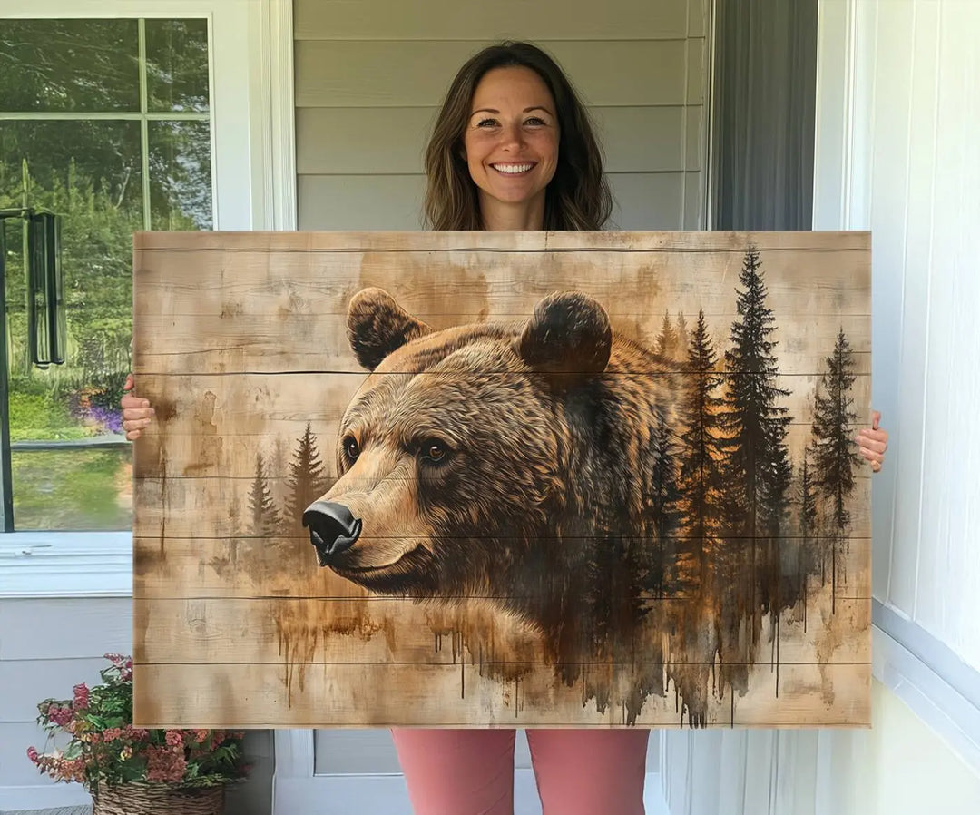 A Rustic Grizzly Bear Wall Art and an Abstract Grizzly 399 Bear Wall Art Canvas Print highlight a bear and trees on a wooden background, ideal for those who admire farmhouse decor and the charm of woodland wildlife.