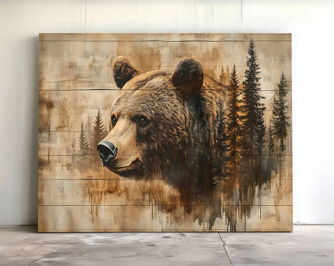 A Rustic Grizzly Bear Wall Art and an Abstract Grizzly 399 Bear Wall Art Canvas Print highlight a bear and trees on a wooden background, ideal for those who admire farmhouse decor and the charm of woodland wildlife.