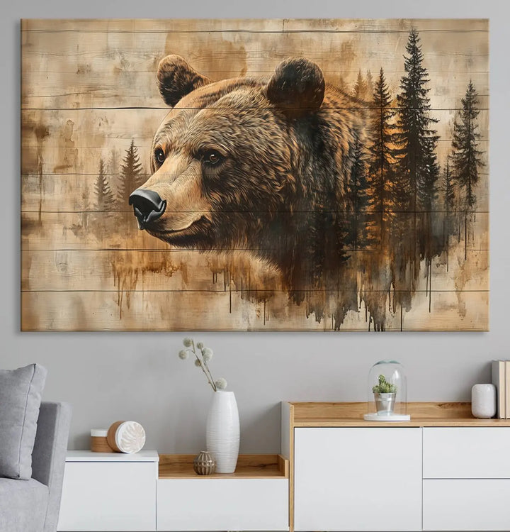 A Rustic Grizzly Bear Wall Art and an Abstract Grizzly 399 Bear Wall Art Canvas Print highlight a bear and trees on a wooden background, ideal for those who admire farmhouse decor and the charm of woodland wildlife.