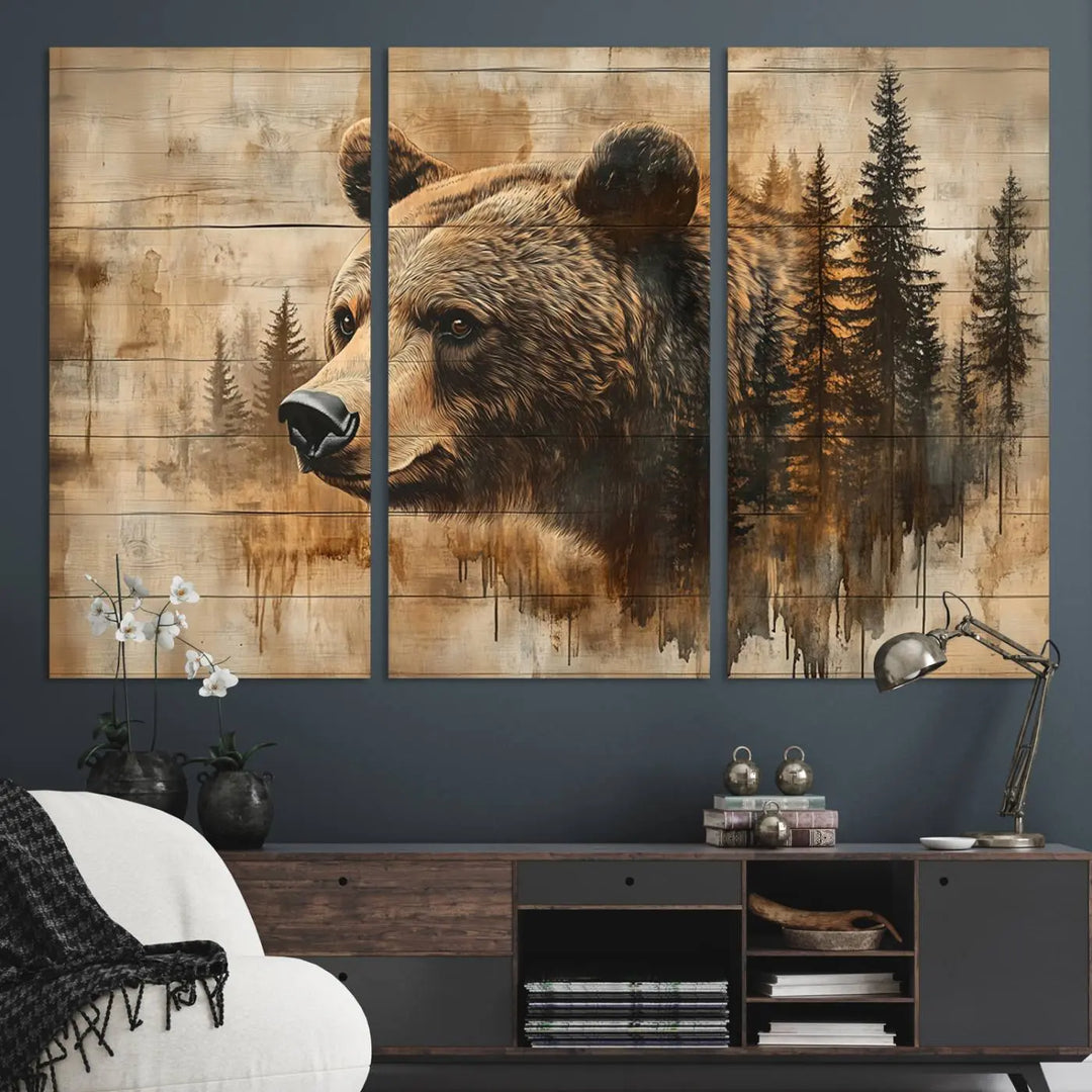 A Rustic Grizzly Bear Wall Art and an Abstract Grizzly 399 Bear Wall Art Canvas Print highlight a bear and trees on a wooden background, ideal for those who admire farmhouse decor and the charm of woodland wildlife.