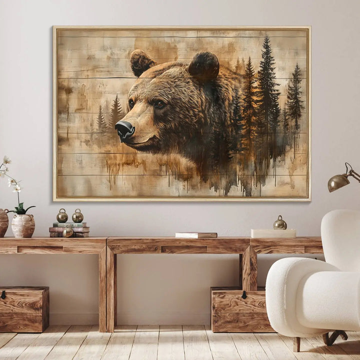 A Rustic Grizzly Bear Wall Art and an Abstract Grizzly 399 Bear Wall Art Canvas Print highlight a bear and trees on a wooden background, ideal for those who admire farmhouse decor and the charm of woodland wildlife.