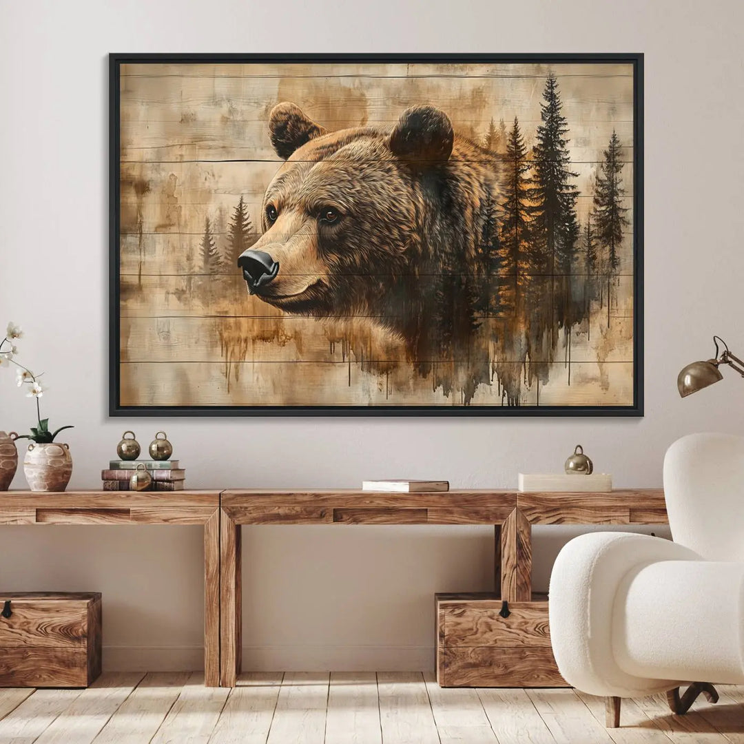 A Rustic Grizzly Bear Wall Art and an Abstract Grizzly 399 Bear Wall Art Canvas Print highlight a bear and trees on a wooden background, ideal for those who admire farmhouse decor and the charm of woodland wildlife.