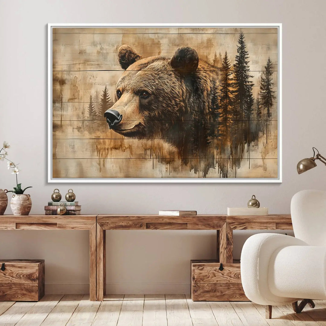 A Rustic Grizzly Bear Wall Art and an Abstract Grizzly 399 Bear Wall Art Canvas Print highlight a bear and trees on a wooden background, ideal for those who admire farmhouse decor and the charm of woodland wildlife.