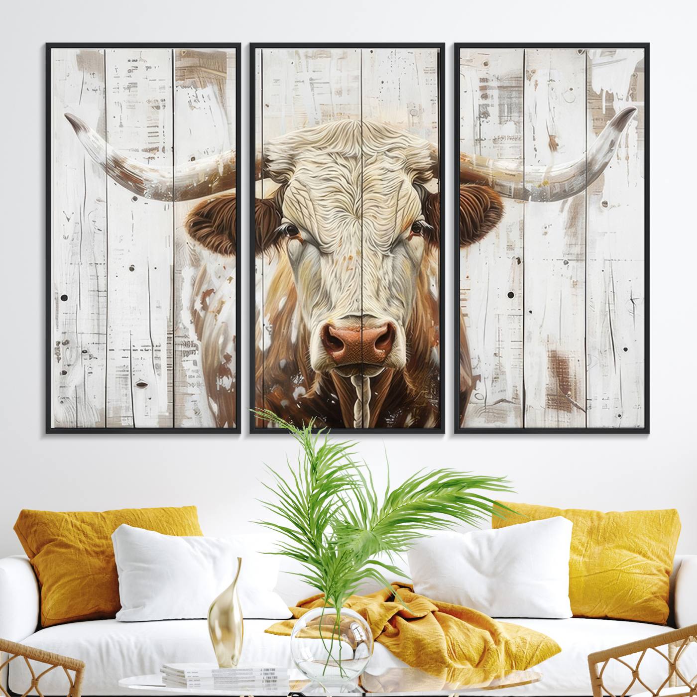 71551-MGV-FC-48X32-3P_Black-Rustic Longhorn Bull Wall Art Canvas Set – Western-Inspired Farmhouse Décor - Ready to Hang