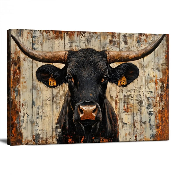 A triptych featuring the "Rustic Texas Artwork Wall Art Canvas Print" showcases an abstract depiction of a majestic longhorn bull with large horns on a textured background, adding a striking touch to the living room. Ideal for enthusiasts of Western home decor.