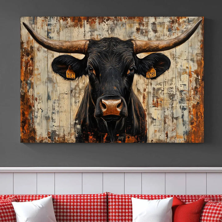 A triptych featuring the "Rustic Texas Artwork Wall Art Canvas Print" showcases an abstract depiction of a majestic longhorn bull with large horns on a textured background, adding a striking touch to the living room. Ideal for enthusiasts of Western home decor.