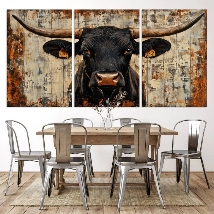 A triptych featuring the "Rustic Texas Artwork Wall Art Canvas Print" showcases an abstract depiction of a majestic longhorn bull with large horns on a textured background, adding a striking touch to the living room. Ideal for enthusiasts of Western home decor.