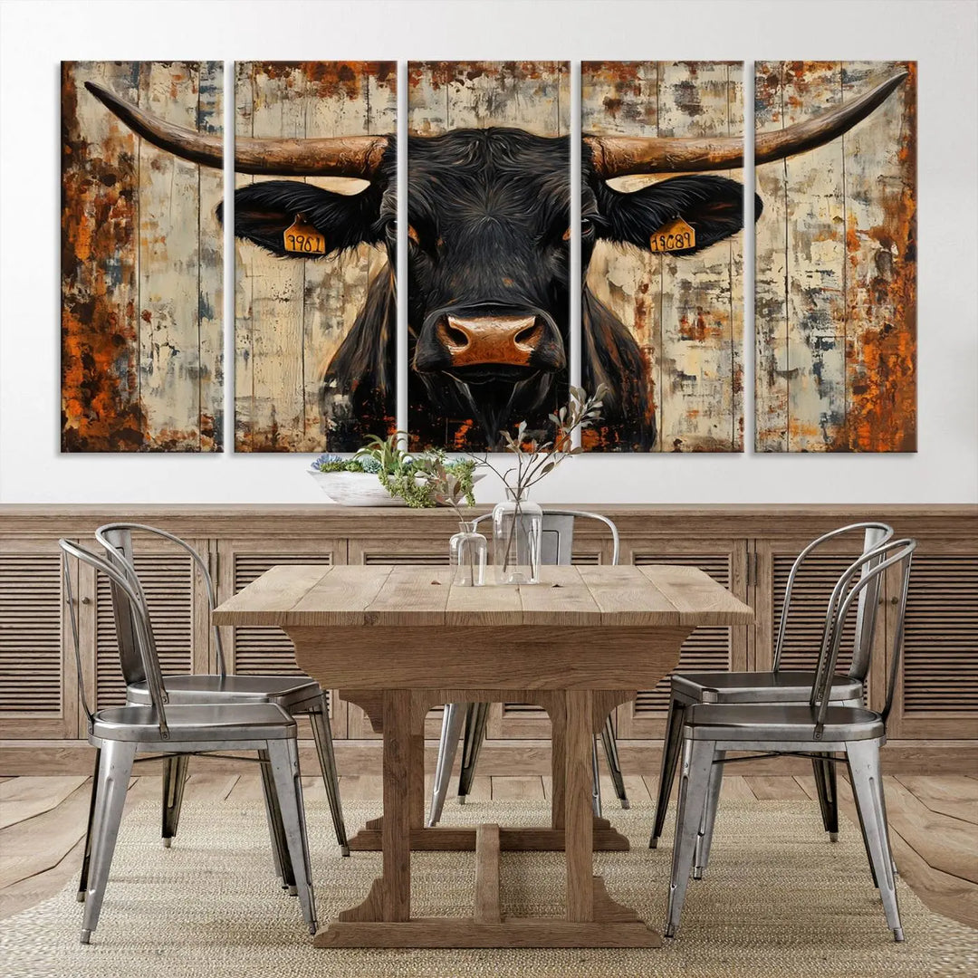 A triptych featuring the "Rustic Texas Artwork Wall Art Canvas Print" showcases an abstract depiction of a majestic longhorn bull with large horns on a textured background, adding a striking touch to the living room. Ideal for enthusiasts of Western home decor.