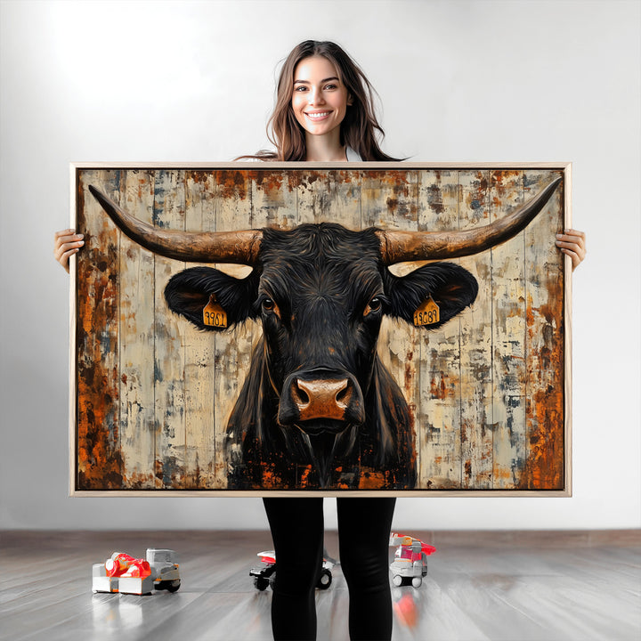 Rustic Texas Artwork Wall Art Canvas Print - Abstract Cow Longhorn Bull Wall Art Canvas Print