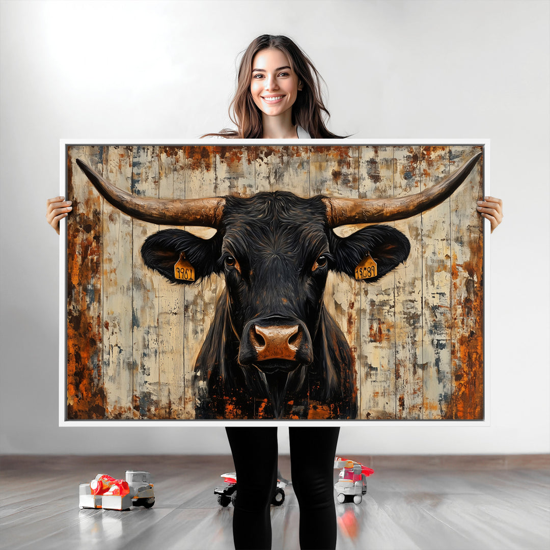 Rustic Texas Artwork Wall Art Canvas Print - Abstract Cow Longhorn Bull Wall Art Canvas Print