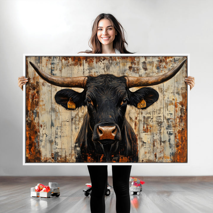 Rustic Texas Artwork Wall Art Canvas Print - Abstract Cow Longhorn Bull Wall Art Canvas Print