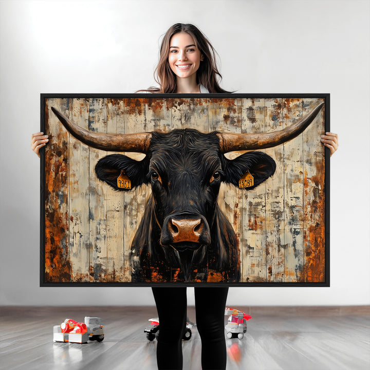 Rustic Texas Artwork Wall Art Canvas Print - Abstract Cow Longhorn Bull Wall Art Canvas Print