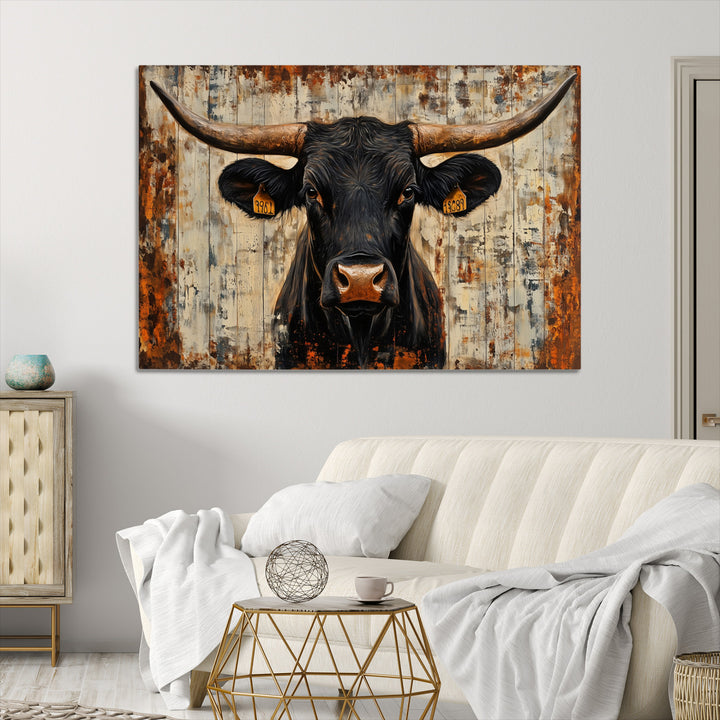 Rustic Texas Artwork Wall Art Canvas Print - Abstract Cow Longhorn Bull Wall Art Canvas Print