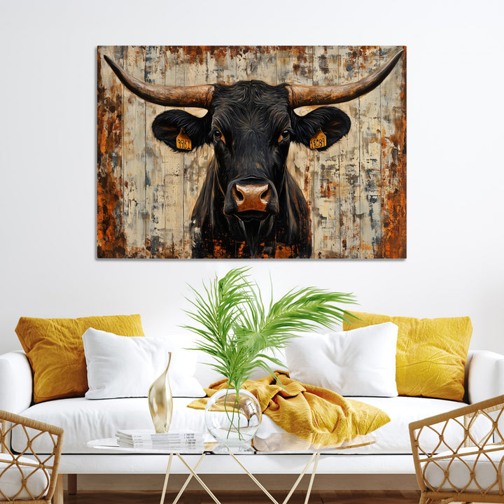 Rustic Texas Artwork Wall Art Canvas Print - Abstract Cow Longhorn Bull Wall Art Canvas Print