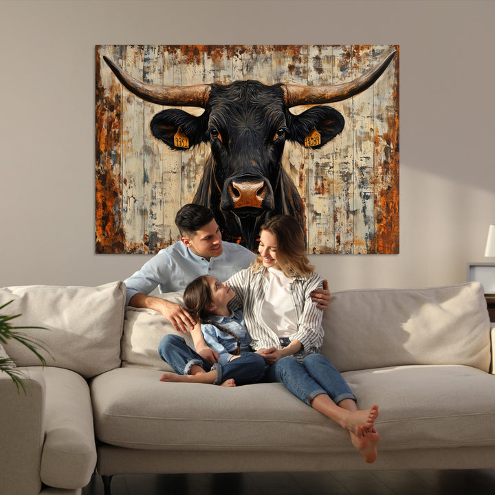 Rustic Texas Artwork Wall Art Canvas Print - Abstract Cow Longhorn Bull Wall Art Canvas Print