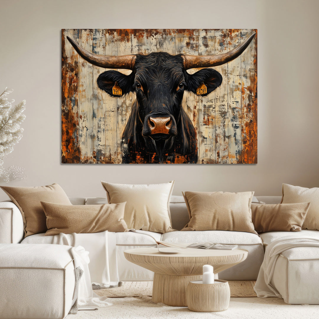 Rustic Texas Artwork Wall Art Canvas Print - Abstract Cow Longhorn Bull Wall Art Canvas Print