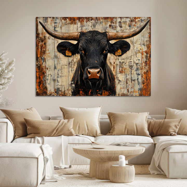 Rustic Texas Artwork Wall Art Canvas Print - Abstract Cow Longhorn Bull Wall Art Canvas Print