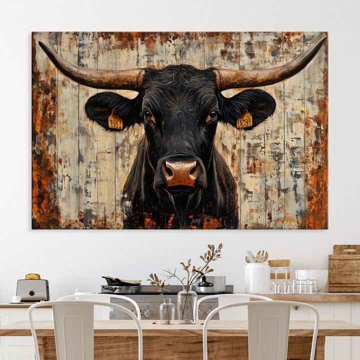 Rustic Texas Artwork Wall Art Canvas Print - Abstract Cow Longhorn Bull Wall Art Canvas Print
