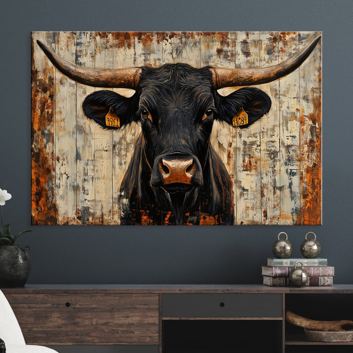 Rustic Texas Artwork Wall Art Canvas Print - Abstract Cow Longhorn Bull Wall Art Canvas Print