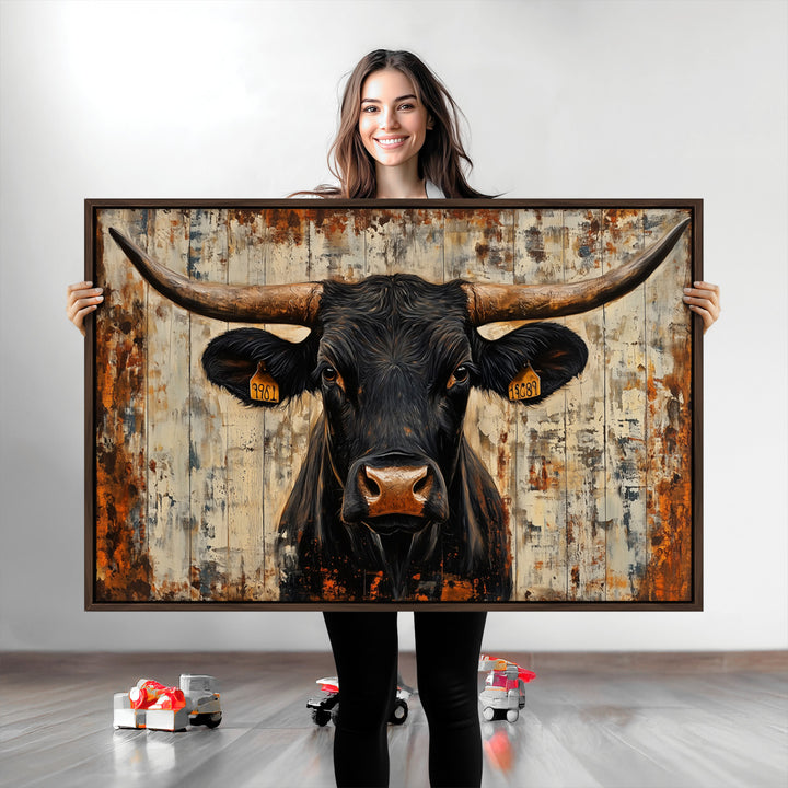 Rustic Texas Artwork Wall Art Canvas Print - Abstract Cow Longhorn Bull Wall Art Canvas Print