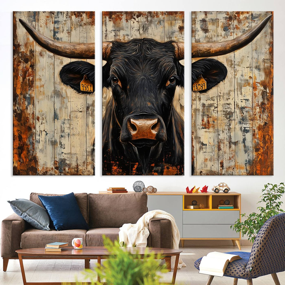 Rustic Texas Artwork Wall Art Canvas Print - Abstract Cow Longhorn Bull Wall Art Canvas Print