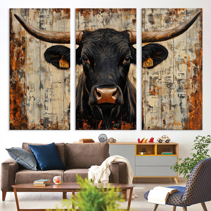 Rustic Texas Artwork Wall Art Canvas Print - Abstract Cow Longhorn Bull Wall Art Canvas Print