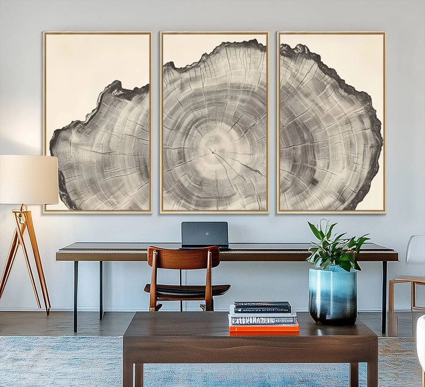 32943-MGV-FC-48X32-3P_Natural-Rustic Tree Ring Wall Art Canvas Print – Nature Wood Grain Minimalist Framed Artwork for Modern Home, Office Decor