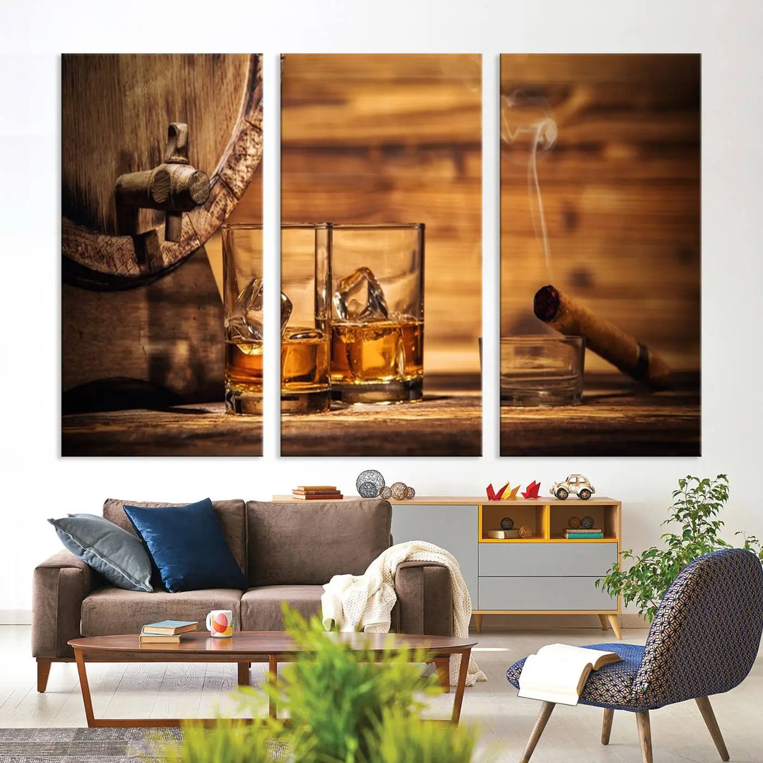 The Rustic Whiskey and Barrel Canvas Print is displayed in the kitchen.