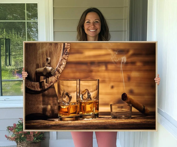 The Rustic Whiskey and Barrel Canvas Print is displayed in the kitchen.