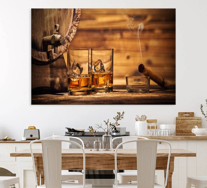 The Rustic Whiskey and Barrel Canvas Print is displayed in the kitchen.