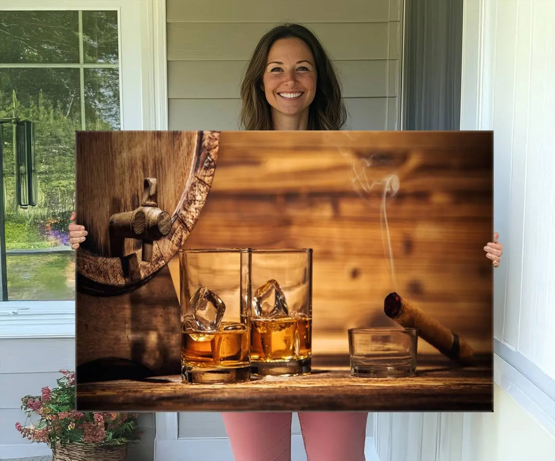 The Rustic Whiskey and Barrel Canvas Print is displayed in the kitchen.