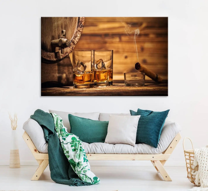 The Rustic Whiskey and Barrel Canvas Print is displayed in the kitchen.