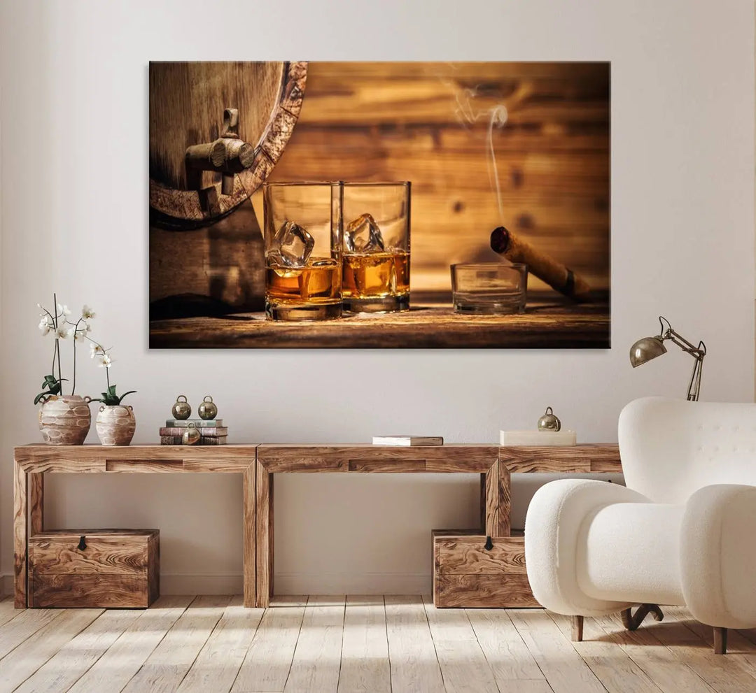 The Rustic Whiskey and Barrel Canvas Print is displayed in the kitchen.